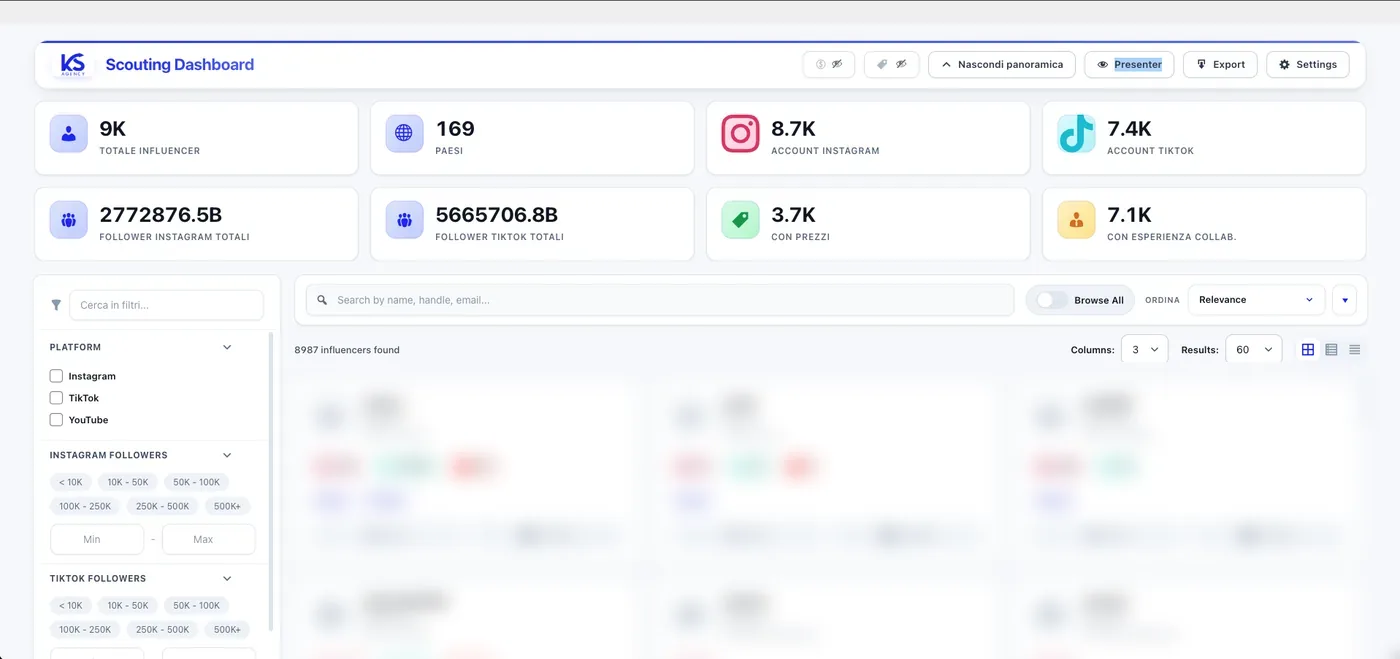 Kroma Scouting · dashboard di scouting creator, con filtri per piattaforma e schede profilo